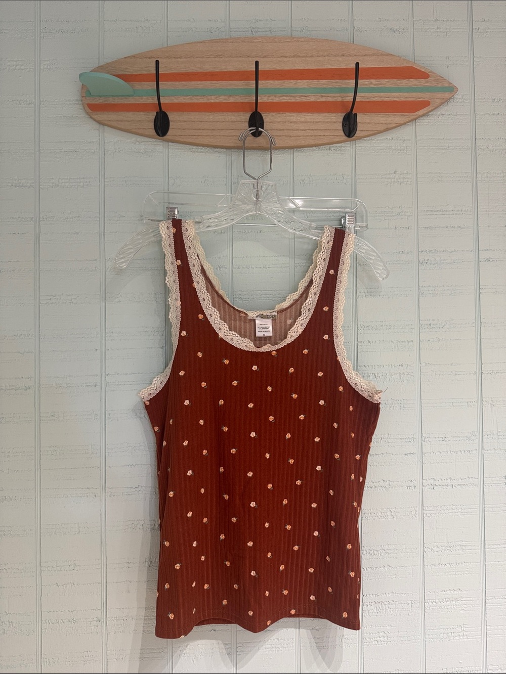 Burnt Orange Floral Ribbed Tank Top with Cream Lace Trim